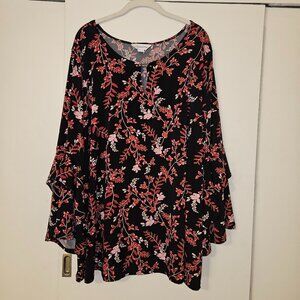Liz Claiborne Black & Red Floral Bell Sleeve Blouse (3X)